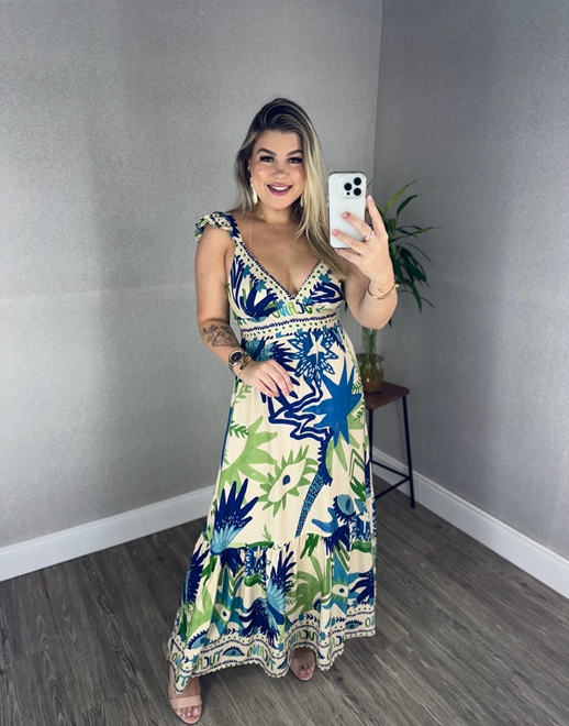 Vestido longo estampado com sales babado