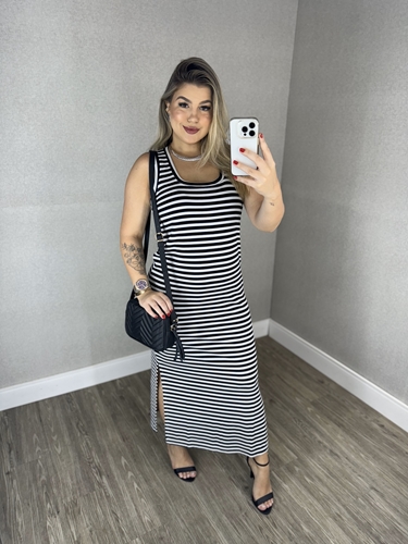 Vestido longo canelado sales listrado